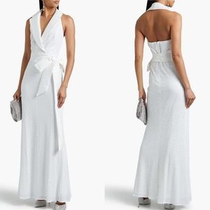 NWT Badgley Mischka Belted Sequin Tuxedo Halter Gown 8